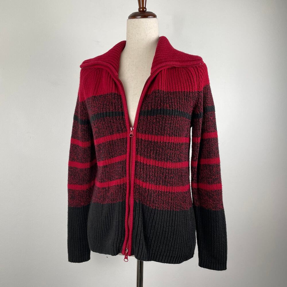 90s Vintage Carolyn Taylor Chunky Full Zip Cardigan Sweater Striped Red Black S